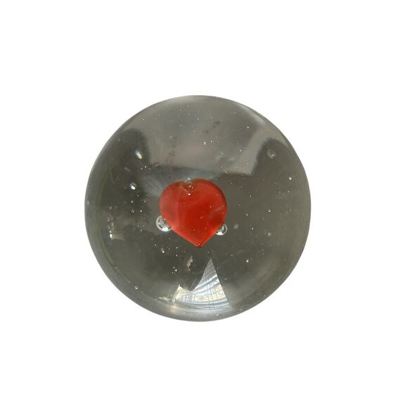 Art Glass Paperweight Red Heart Bubbles Vintage Clear Glass Home Decor Office - Picture 1 of 9